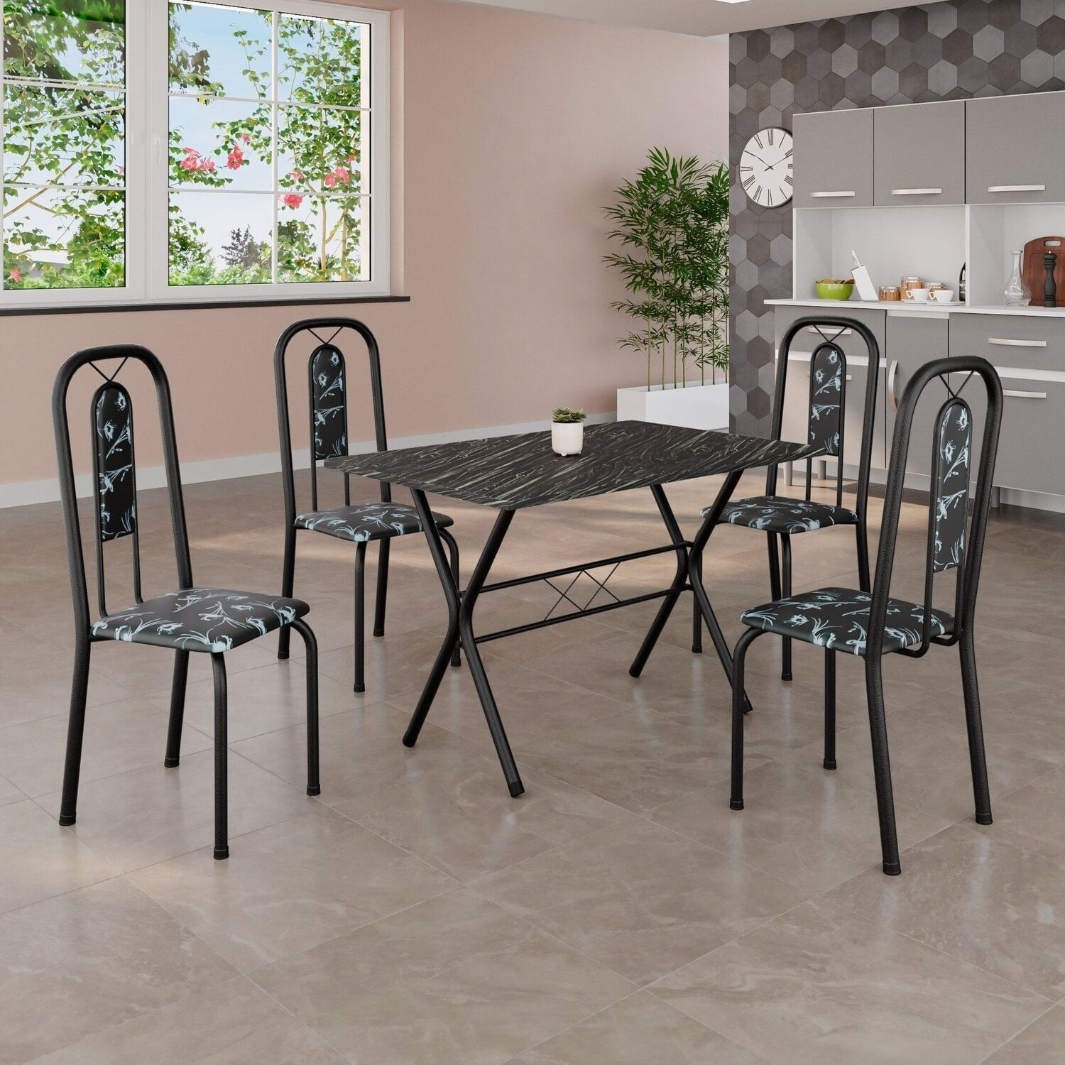 Conjunto De Mesa Tubular 100x60cm Tampo Em Ardósia Com 4 Cadeiras Lívia Preto Txt