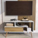 Rack Aparador Estante Para Tv 55 Polegadas Com Porta Nicho Prateleira Pés Palito Retro Branco/freijó