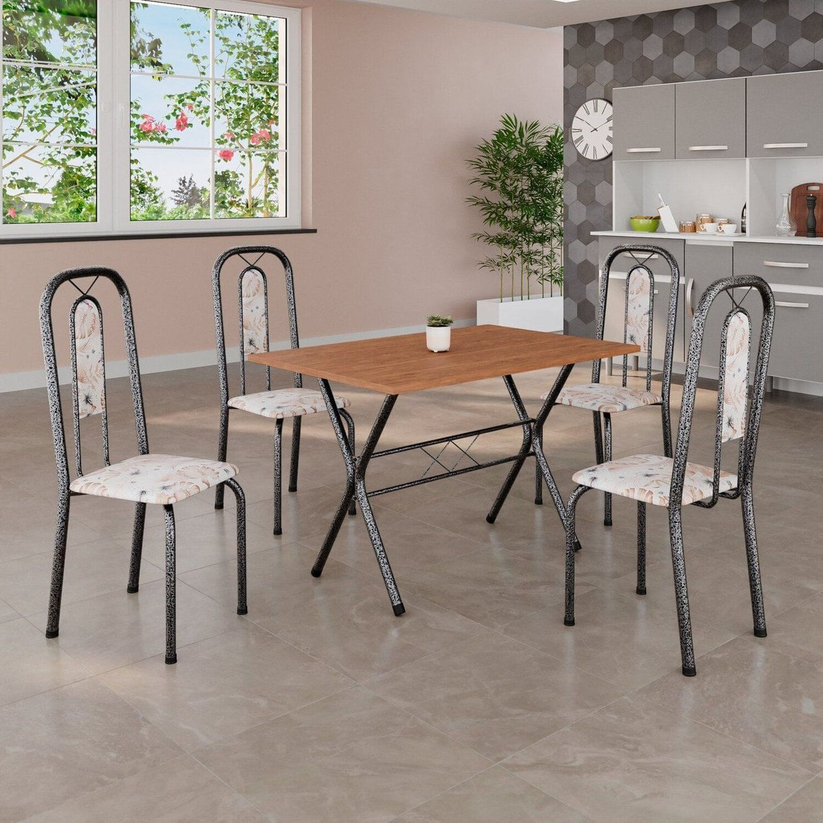 Conjunto De Mesa Tubular 100cm X 60cm Tampo Em Mdf Com 4 Cadeiras Lívia Bege/prata