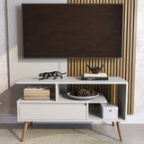 Rack Aparador Estante Para Tv 55 Polegadas Com Porta Nicho Prateleira Pés Palito Retro Branco
