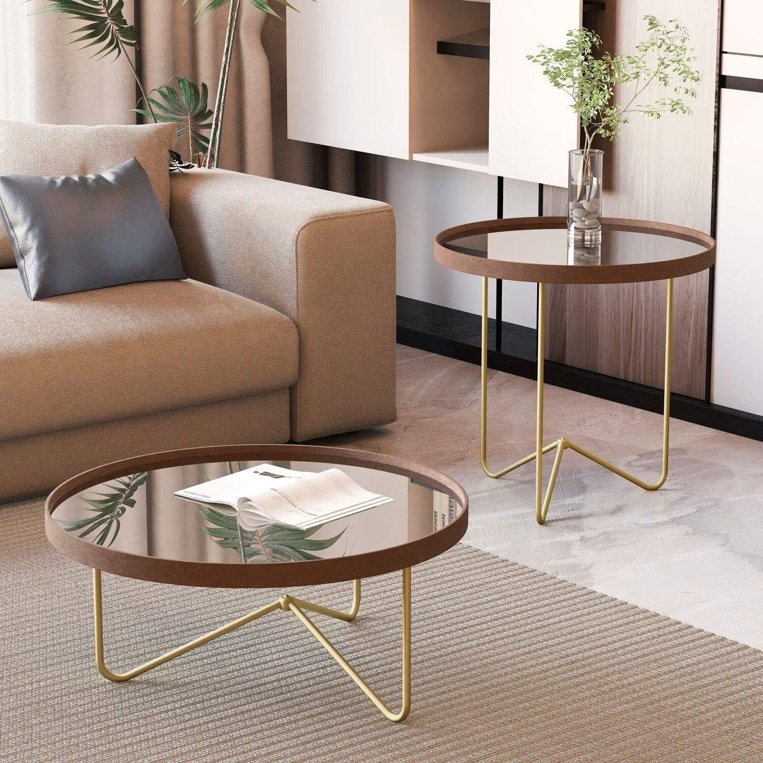 Mesa Lateral Alamanda Com Borda Em Couro Sintético E Espelho Além Dos Pés Em Ferro Castanho/dourado