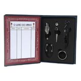 Kit Vinho Livro Com Abridor, Saca Rolhas, Tampa, Dosador, Corta Lacre 5 Peças