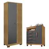 Cômoda Sapateira Cannes Com Armário Multiuso Versatile 2 Portas Com Chave Carvalho Americano Grafite - Incorplac