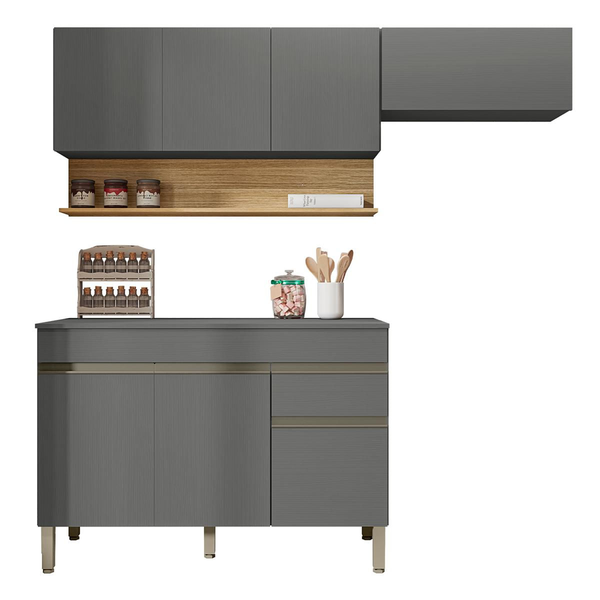 Conjunto De Armarios Modulados Line Com 7 Portas E 1 Gaveta Gris/freijo