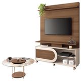 Estante Home Theater Órbis Castanho Off White E Mesa De Centro Sky Com Tampo De Vidro Castanho- Hb Móveis