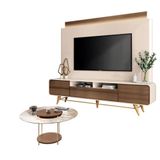 Estante Home Theater Nobre Off White Castanho E Mesa De Centro Sky Com Tampo De Vidro Castanho - Hb Móveis