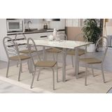 Sala De Jantar Completa Elba Tampo Madeirado C/ Vidro 160cm E 6 Cadeiras Holanda Niquel/off White - Courano Capuccino - Kappesberg