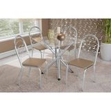 Sala De Jantar Completa Volga C/ Tampo De Vidro 90cm E 4 Cadeiras Holanda Cromada - Courano Bege - Kappesberg