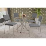 Sala De Jantar Completa Volga C/ Tampo De Vidro 90cm E 4 Cadeiras Zaria Niquel - Suede Cinza - Kappesberg