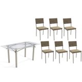 Sala De Jantar Completa Elba C/ Tampo De Vidro 150cm E 6 Cadeiras Zaria Niquel - Suede Bege - Kappesberg