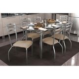 Sala De Jantar Completa Elba C/ Tampo De Vidro 140cm E 6 Cadeiras Portugal Cromada - Courano Bege - Kappesberg
