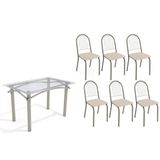 Sala De Jantar Completa Elba C/ Tampo De Vidro 120cm E 6 Cadeiras Noruega Niquel - Courano Bege - Kappesberg