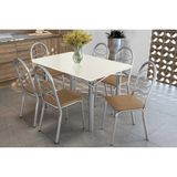 Sala De Jantar Completa Elba Tampo Madeirado C/ Vidro 120cm E 6 Cadeiras Holanda Cromada/off White - Courano Capuccino - Kappesberg