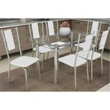 Sala De Jantar Completa Elba C/ Tampo De Vidro 120cm E 6 Cadeiras Lisboa Cromada - Courano Branco - Kappesberg