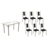 Sala De Jantar Completa Elba C/ Tampo De Vidro 150cm E 6 Cadeiras Lisboa Niquel - Courano Preto - Kappesberg