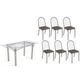 Sala De Jantar Completa Elba C/ Tampo De Vidro 150cm E 6 Cadeiras Noruega Niquel - Courano Marrom - Kappesberg