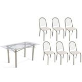 Sala De Jantar Completa Elba C/ Tampo De Vidro 150cm E 6 Cadeiras Noruega Niquel - Courano Branco - Kappesberg