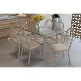 Sala De Jantar Completa Elba C/ Tampo De Vidro 150cm E 6 Cadeiras Holanda Niquel - Courano Bege - Kappesberg