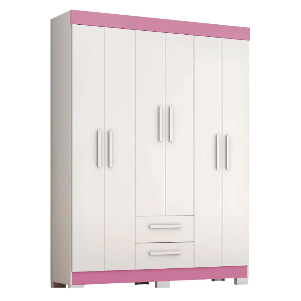 Guarda Roupas Casal Juvenil 6 Portas 2 Gavetas Líbano Branco / Rosa Notável