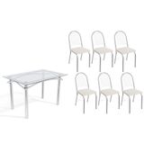 Sala De Jantar Completa Elba C/ Tampo De Vidro 120cm E 6 Cadeiras Noruega Cromada - Courano Branco - Kappesberg