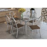 Sala De Jantar Completa Elba C/ Tampo De Vidro 150cm E 6 Cadeiras Holanda Cromada - Courano Marrom - Kappesberg
