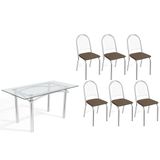 Sala De Jantar Completa Elba C/ Tampo De Vidro 150cm E 6 Cadeiras Noruega Cromada - Courano Marrom - Kappesberg