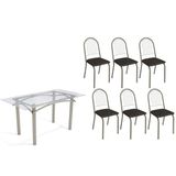 Sala De Jantar Completa Elba C/ Tampo De Vidro 150cm E 6 Cadeiras Noruega Niquel - Courano Preto - Kappesberg