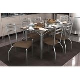 Sala De Jantar Completa Elba C/ Tampo De Vidro 140cm E 6 Cadeiras Portugal Cromada - Courano Marrom - Kappesberg