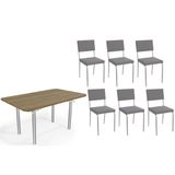 Sala De Jantar Completa Elba C/ Tampo De Madeira 160cm E 6 Cadeiras Zaria Cromada/nogueira - Suede Cinza - Kappesberg