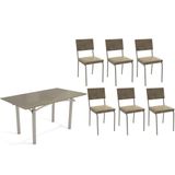 Sala De Jantar Completa Elba Tampo Madeirado C/ Vidro 160cm E 6 Cadeiras Zaria Niquel/freijo Bronze - Suede Bege - Kappesberg