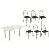 Sala De Jantar Completa Elba Tampo Madeirado C/ Vidro 160cm E 6 Cadeiras Noruega Niquel/off White - Courano Preto - Kappesberg