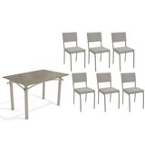 Sala De Jantar Completa Elba Tampo Madeirado C/ Vidro 120cm E 6 Cadeiras Zaria Niquel/freijo Bronze - Boucle Cinza - Kappesberg