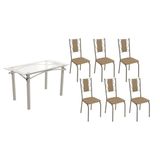 Sala De Jantar Completa Elba C/ Tampo De Vidro 140cm E 6 Cadeiras Lisboa Niquel - Courano Capuccino - Kappesberg