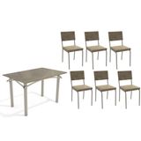 Sala De Jantar Completa Elba Tampo Madeirado C/ Vidro 120cm E 6 Cadeiras Zaria Niquel/freijo Bronze - Suede Bege - Kappesberg