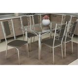 Sala De Jantar Completa Elba C/ Tampo De Vidro 120cm E 6 Cadeiras Lisboa Cromada - Courano Marrom - Kappesberg