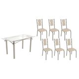 Sala De Jantar Completa Elba C/ Tampo De Vidro 150cm E 6 Cadeiras Lisboa Niquel - Courano Bege - Kappesberg