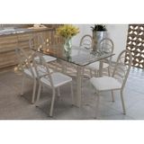 Sala De Jantar Completa Elba C/ Tampo De Vidro 140cm E 6 Cadeiras Holanda Niquel - Courano Branco - Kappesberg