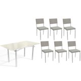 Sala De Jantar Completa Elba Tampo Madeirado C/ Vidro 160cm E 6 Cadeiras Zaria Cromada/off White - Boucle Cinza - Kappesberg
