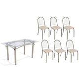 Sala De Jantar Completa Elba C/ Tampo De Vidro 140cm E 6 Cadeiras Noruega Niquel - Courano Bege - Kappesberg
