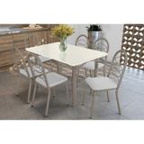 Sala De Jantar Completa Elba Tampo Madeirado C/ Vidro 120cm E 6 Cadeiras Holanda Niquel/off White - Courano Branco - Kappesberg