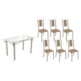 Sala De Jantar Completa Elba C/ Tampo De Vidro 150cm E 6 Cadeiras Lisboa Niquel - Courano Capuccino - Kappesberg