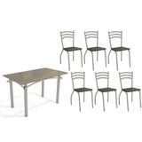 Sala De Jantar Completa Elba Tampo Madeirado C/ Vidro 120cm E 6 Cadeiras Portugal Niquel/freijo Bronze - Courano Marrom - Kappesberg