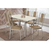 Sala De Jantar Completa Elba Tampo Madeirado C/ Vidro 160cm E 6 Cadeiras Lisboa Niquel/off White - Courano Capuccino - Kappesberg