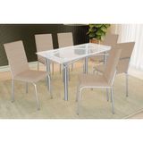 Sala De Jantar Completa Elba C/ Tampo De Vidro 140cm E 6 Cadeiras Amsterdã Cromada - Courano Bege - Kappesberg