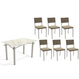 Sala De Jantar Completa Elba Tampo Madeirado C/ Vidro 120cm E 6 Cadeiras Zaria Niquel/off White - Suede Bege - Kappesberg