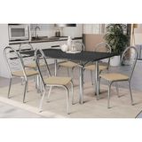 Sala De Jantar Completa Elba Tampo Madeirado C/ Vidro 160cm E 6 Cadeiras Holanda Cromada/preto - Courano Bege - Kappesberg