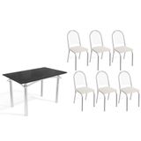 Sala De Jantar Completa Elba Tampo Madeirado C/ Vidro 120cm E 6 Cadeiras Noruega Cromada/preto - Courano Branco - Kappesberg