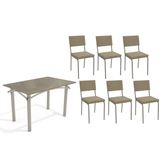 Sala De Jantar Completa Elba Tampo Madeirado C/ Vidro 120cm E 6 Cadeiras Zaria Niquel/freijo Bronze - Boucle Bege - Kappesberg