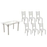 Sala De Jantar Completa Elba C/ Tampo De Vidro 150cm E 6 Cadeiras Lisboa Niquel - Courano Branco - Kappesberg