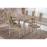 Sala De Jantar Completa Elba Tampo Madeirado C/ Vidro 160cm E 6 Cadeiras Lisboa Niquel/freijo Bronze - Courano Capuccino - Kappesberg